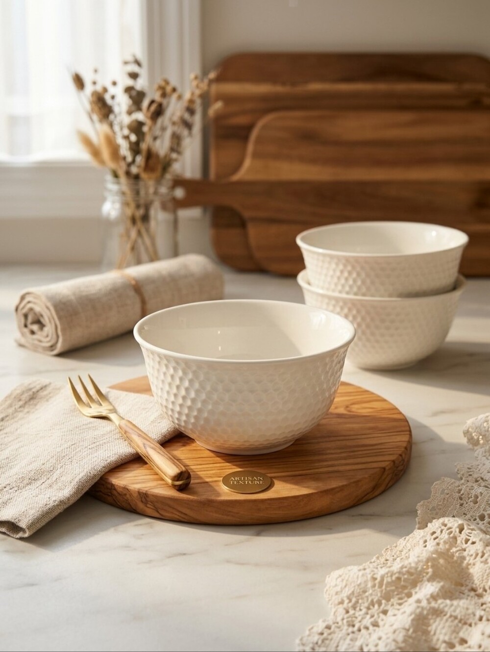 White Ceramic Honeycomb Textured Bowl – Farmhouse Cottagecore Serving Dish